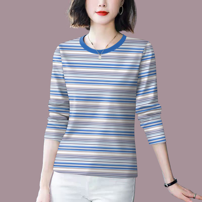 夭夭依~女装夏季新款圆领经典条纹长袖宽松显瘦遮肚T恤女上衣潮