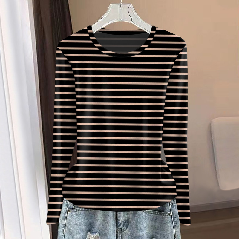 好品捡漏~新款上衣女减龄复古条纹长袖宽松遮肚子显瘦T恤女上衣潮