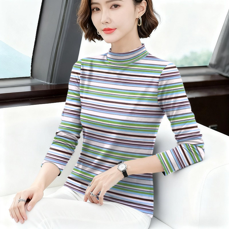 上新~时尚女装新款夏季薄款半高领打底条纹长袖宽松显瘦T恤女上衣