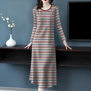 休闲慵懒风长款 新款 宽松显瘦长裙子 连衣裙女秋季 复古气质条纹长袖
