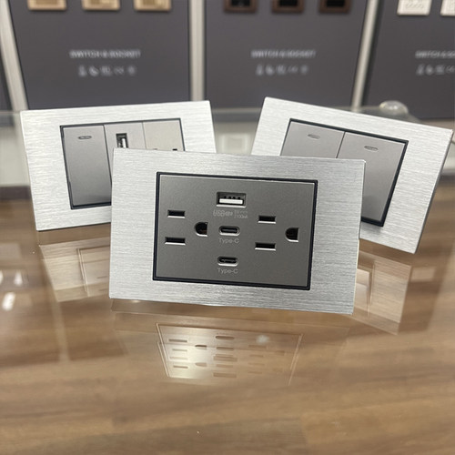 台标118型110v插座铝拉丝灰色Type-c台湾美式面板USB墙壁20W开关