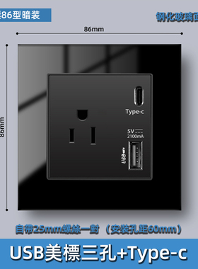 美标15A插座面板USB插座type-c双联铝板银灰玻璃家用黑色86型台湾