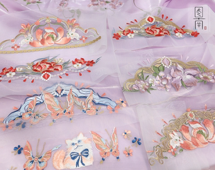 图南原创绣花紫藤蝴蝶诃子裙头腰头面料童装娃衣汉服古风绣片diy