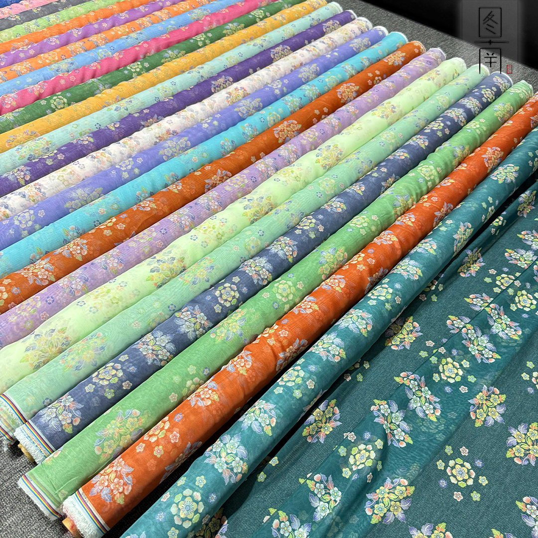 图南原创唐茶团花印花布料汉服古风襦裙童装裙面料服装设计师diy