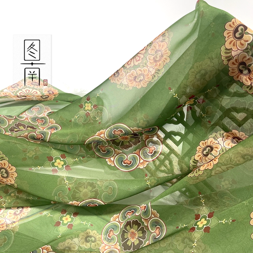 雪纺汉服布料唐风团花印花