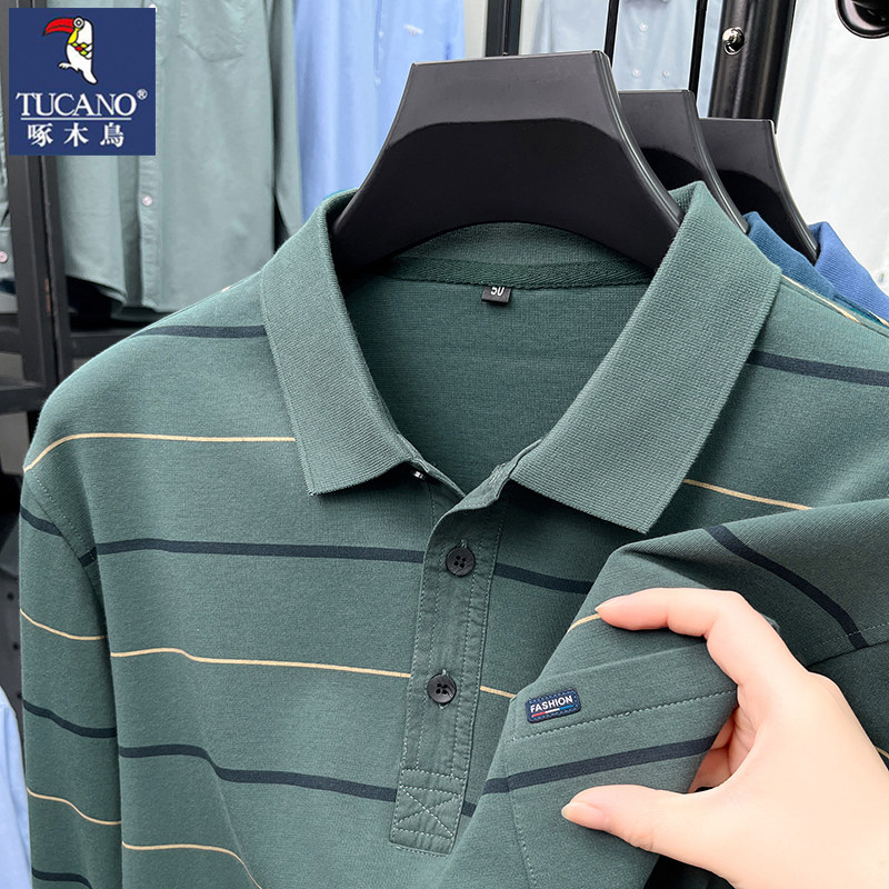 啄木鸟爸爸春装翻领上衣男中老年纯棉长袖T恤宽松大码条纹polo衫