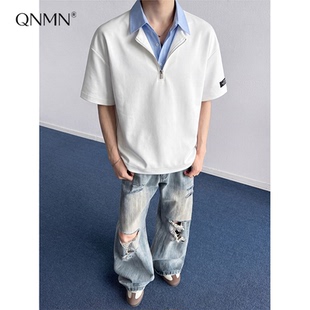 白色假两件正肩短袖男款POLO衫夏季衬衫领拼接T恤少年感穿搭半袖