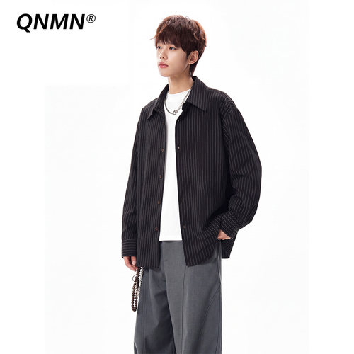 QNMN美式竖条纹宽松大码衬衫男生