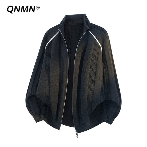 QNMN美式复古立领拉链毛衣开衫男
