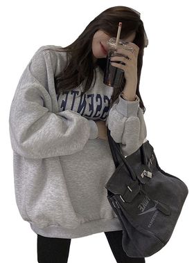 2025小众灰色圆领卫衣女款宽松休闲百搭长袖套头慵懒风上衣