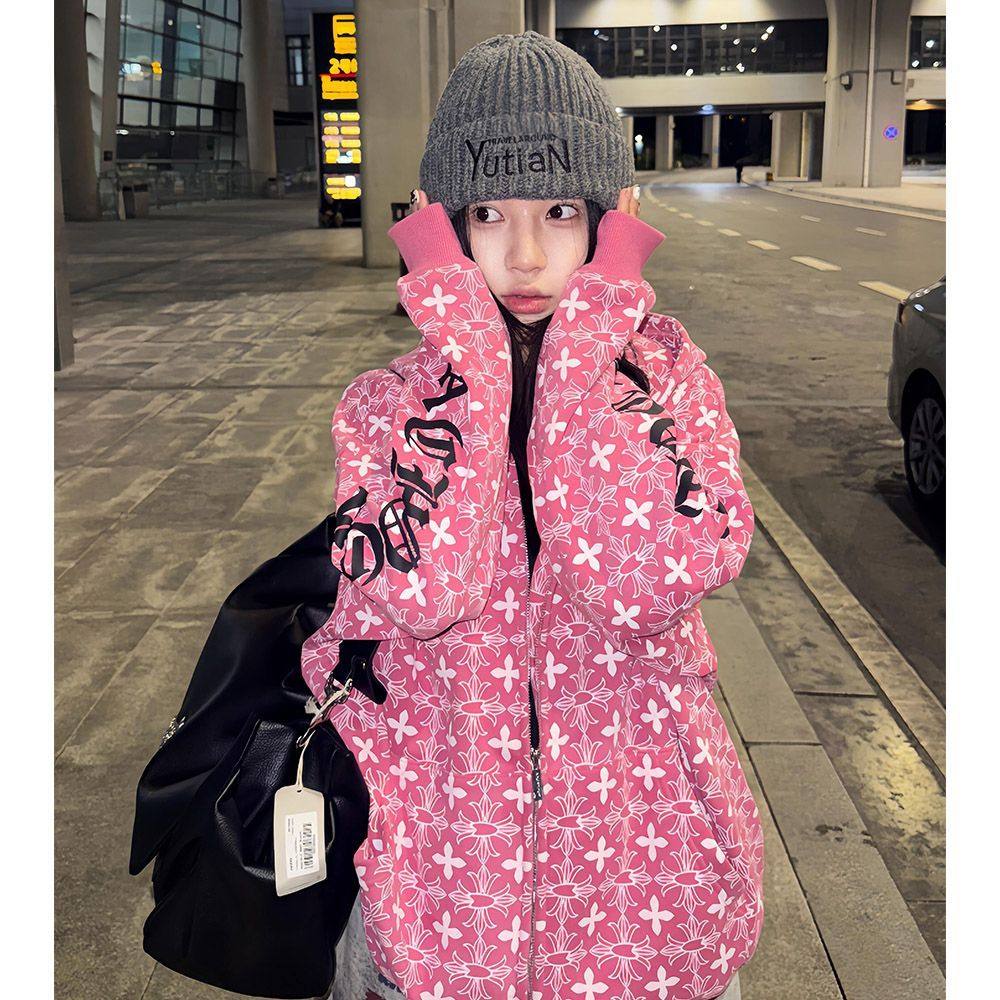粉色花朵印花连帽卫衣女2025新款宽松拉链外套百搭休闲