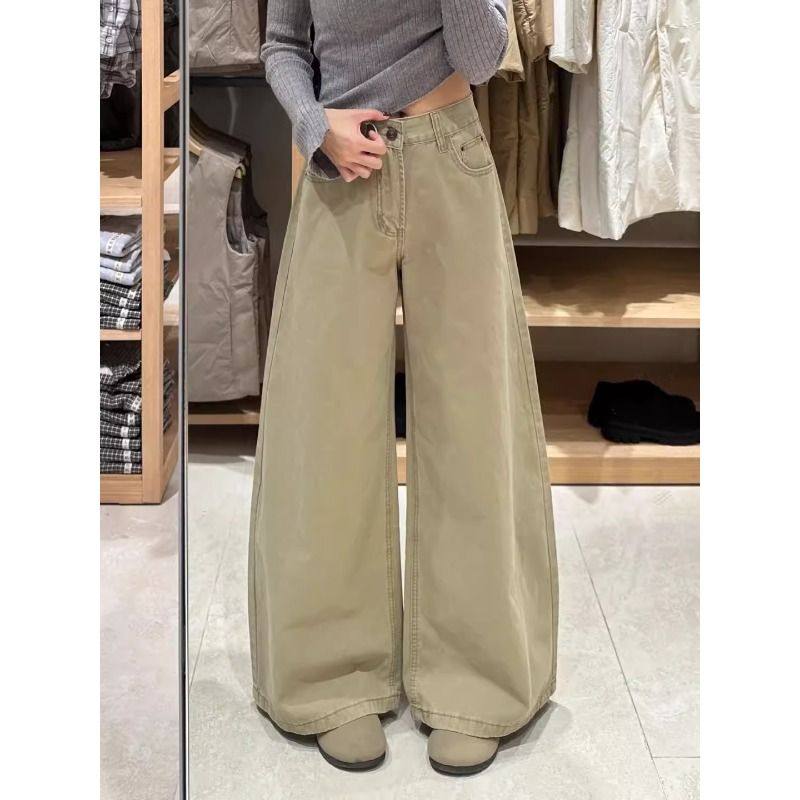 复古卡其色阔腿牛仔裤女装中腰春秋新款宽松小个子弯刀裤拖地长裤,女装/女士精品,牛仔裤,淘宝优惠券,粉丝福利购,淘宝优惠卷