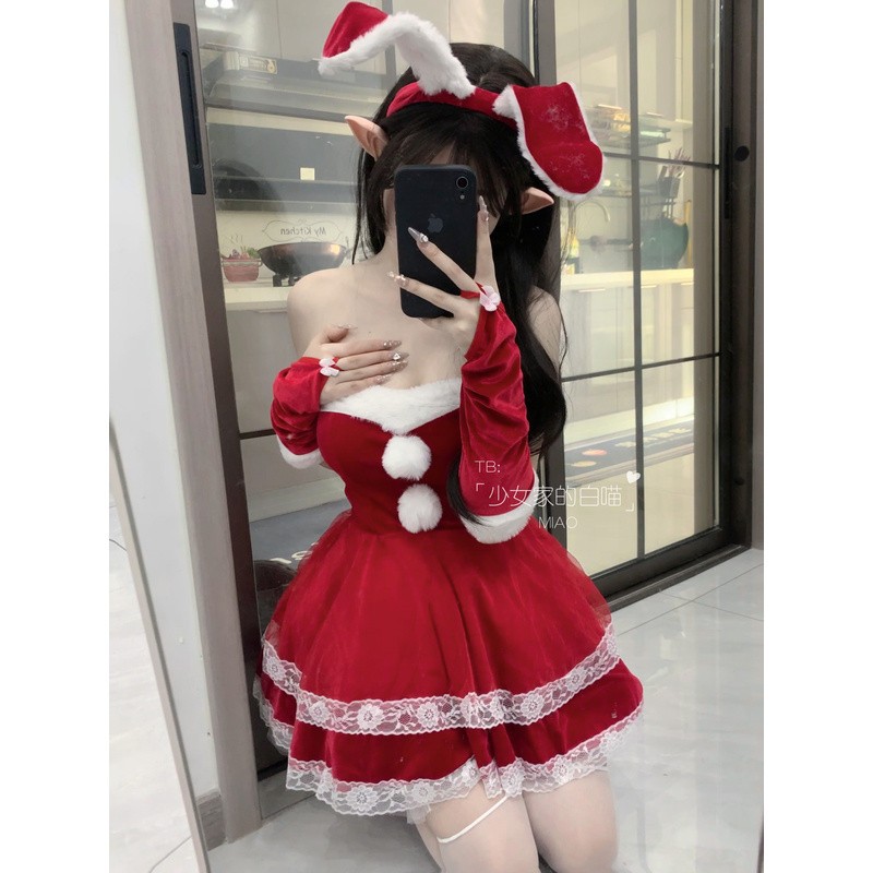 圣诞性感可爱金丝绒cos兔女郎制服女仆装主播变装圣诞连衣裙战袍