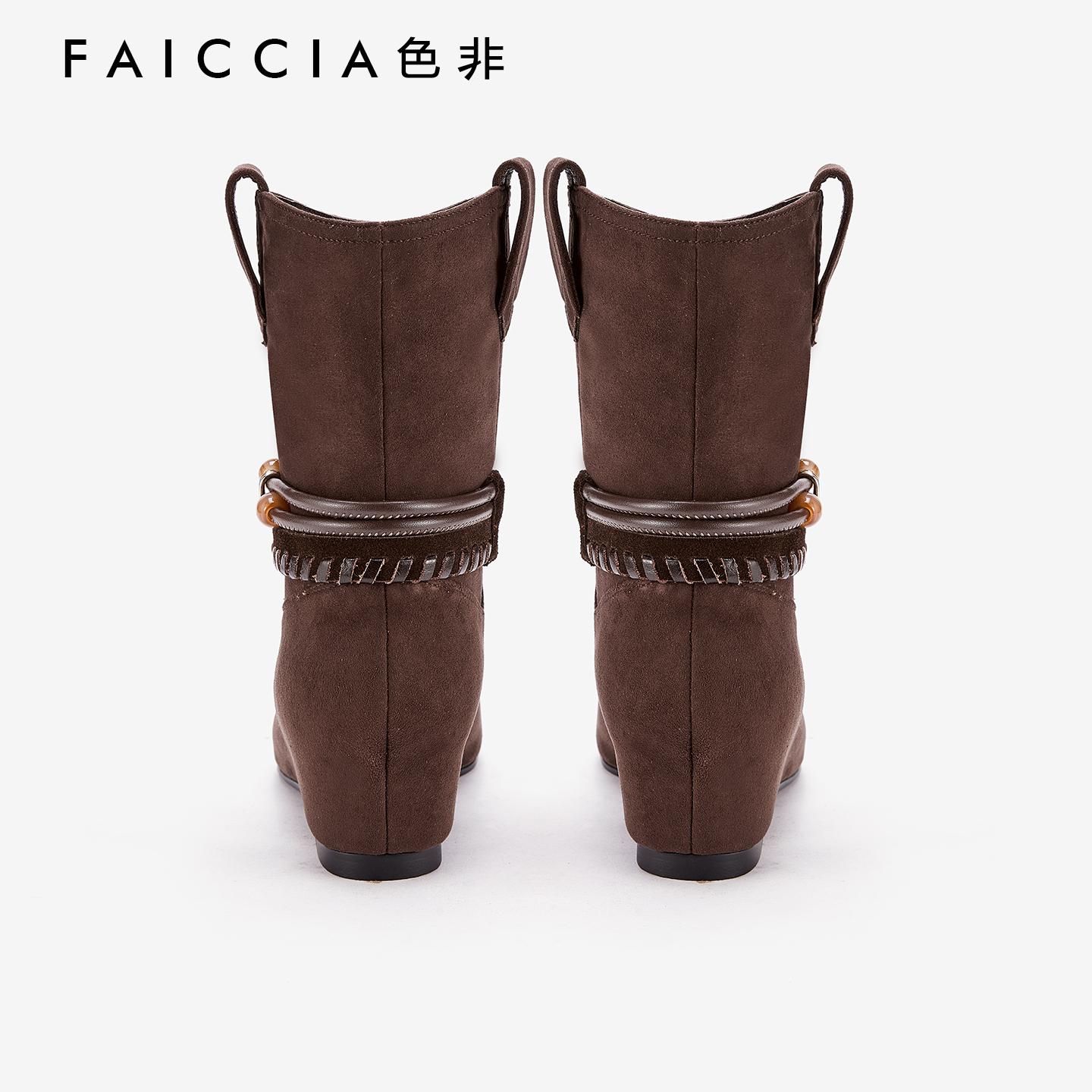 色非冬季女式棕色复古绒面中筒靴