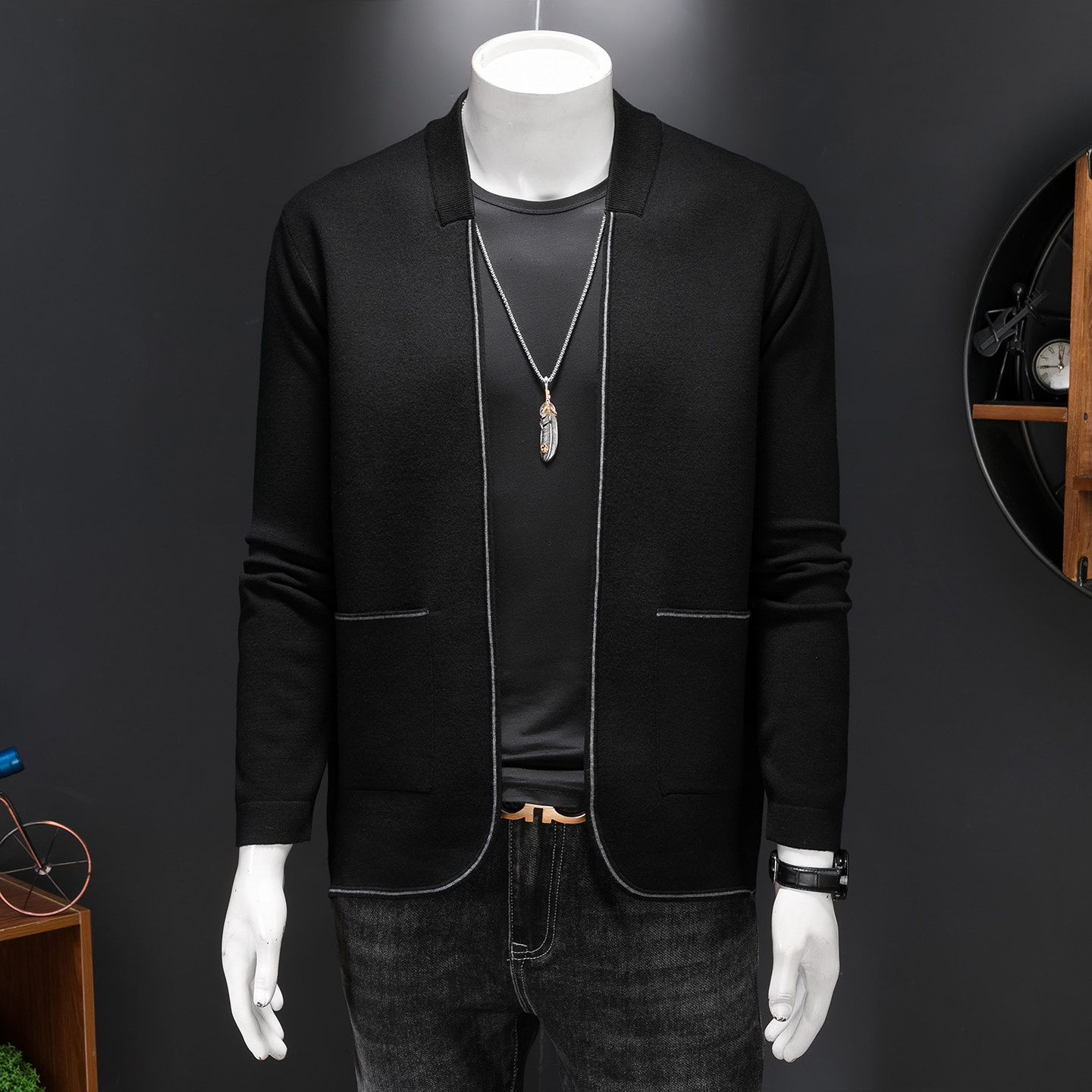 针织羊毛外套男士秋冬新款韩版修身潮流时尚翻领毛衣开衫6872P155，男装针织衫/毛衣，电商D220