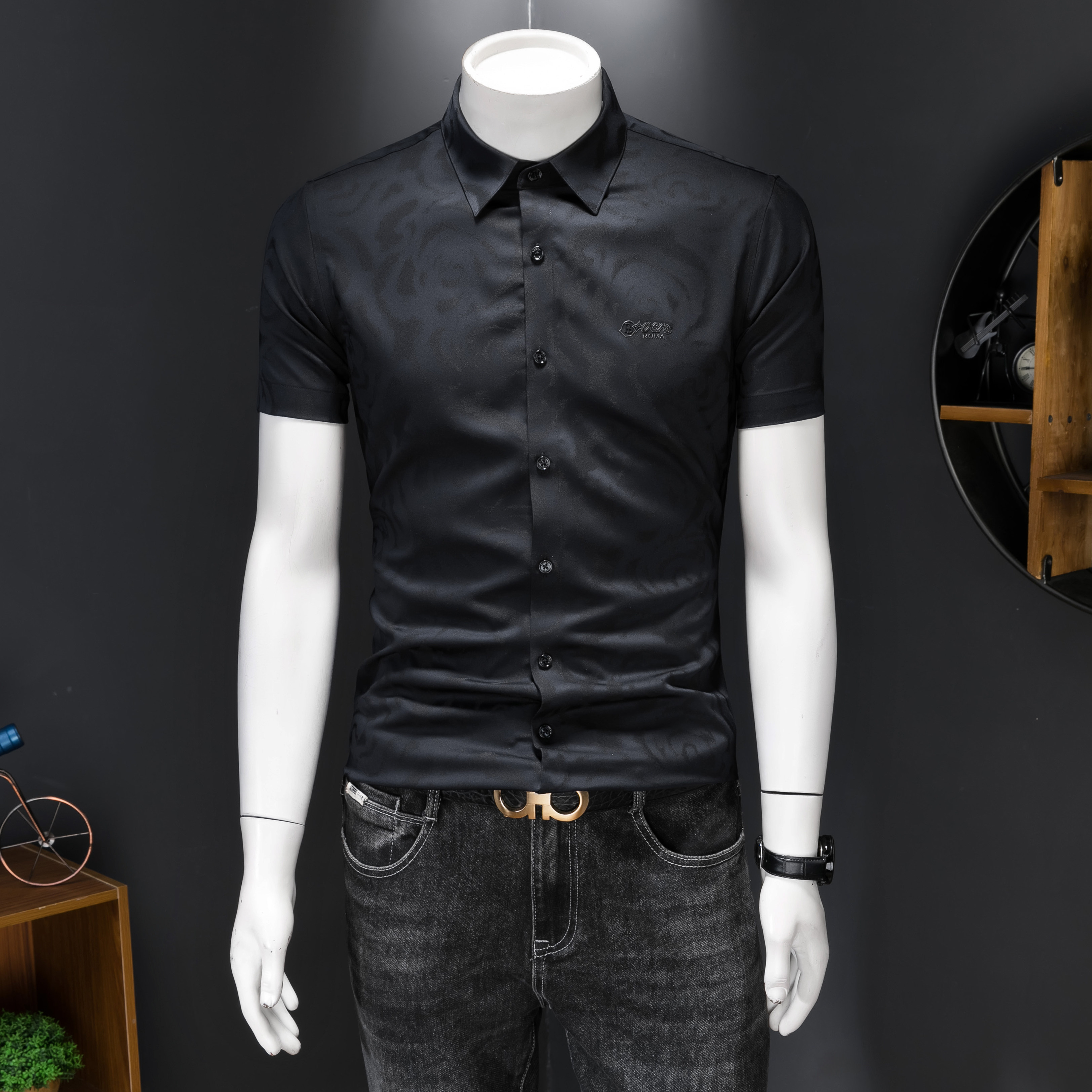 2026男潮流新款修身莫代尔暗花纹印花衬衣青年短袖衬衫H3386P120，男装T恤，电商D220