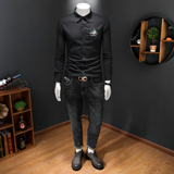 2026年男春秋季新款黑色长袖衬衫时尚潮牌修身印花衬衣A9281P130，男装衬衫，电商D220