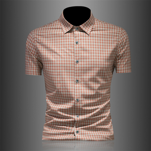 2026男士潮流新款修身格子刺绣衬衣青年短袖衬衫3636P120，男装T恤，电商D220