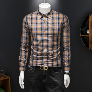 2026年男春秋季新款格子长袖衬衫时尚潮牌修身印花衬衣A9268P130，男装衬衫，电商D220