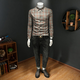 2025年男士春秋新款格子长袖衬衫时尚潮牌修身印花衬衣A0882P135，男装衬衫，电商D220