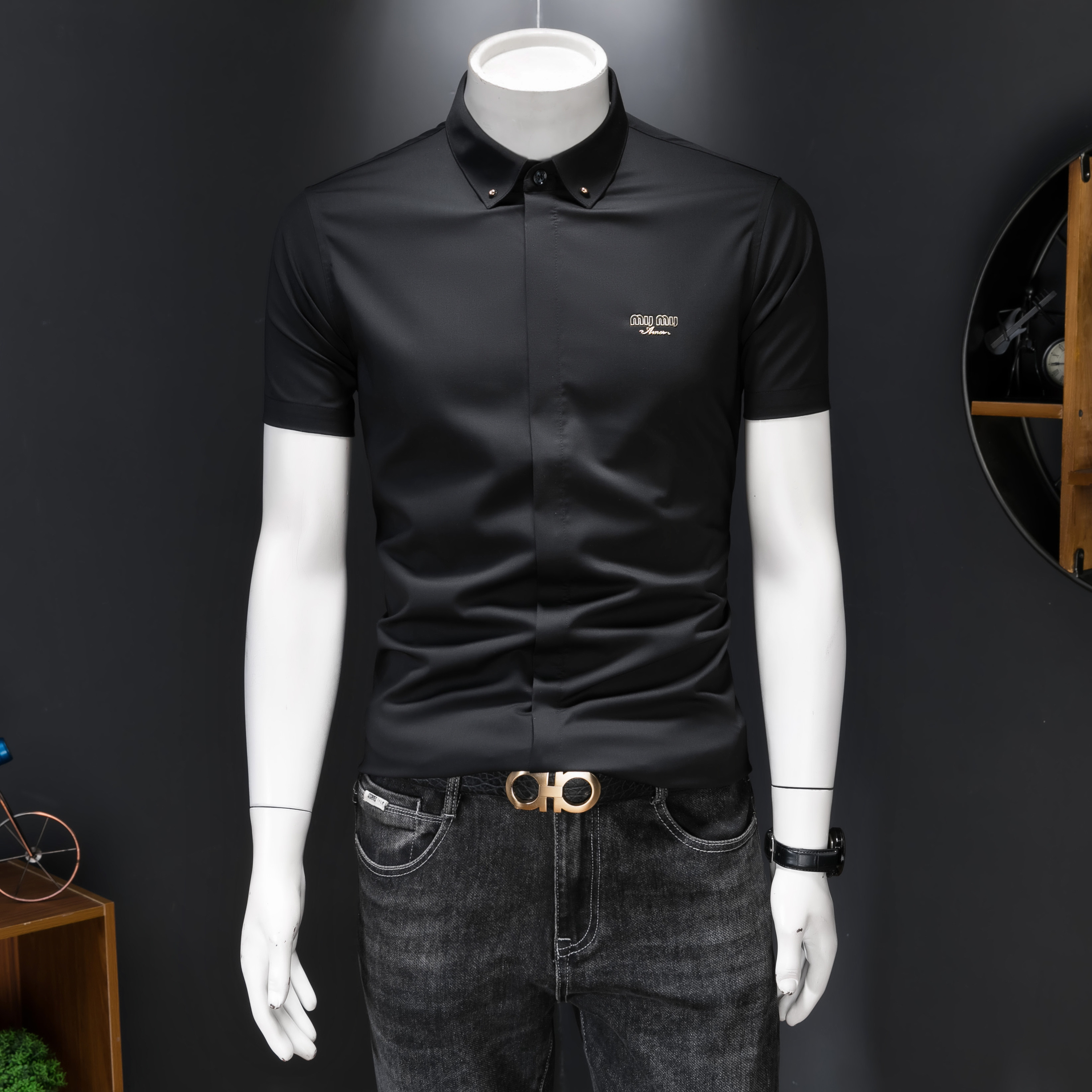 2026男潮流新款修身莫代尔暗花纹印花衬衣青年短袖衬衫H3379P120，男装T恤，电商D220