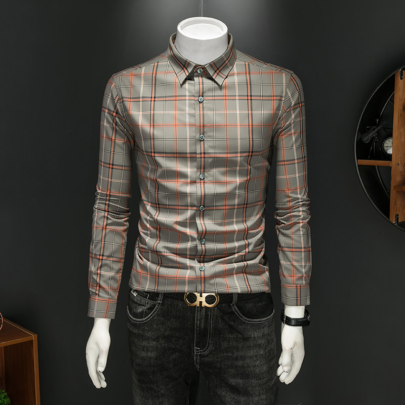 2025年男士春秋新款格子长袖衬衫时尚潮牌修身印花衬衣A0882P135，男装衬衫，电商D220