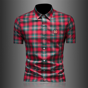 2026男士潮流新款修身格子刺绣衬衣青年短袖衬衫3668P120，男装T恤，电商D220