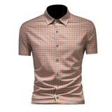 2026男士潮流新款修身格子刺绣衬衣青年短袖衬衫3636P120，男装T恤，电商D220