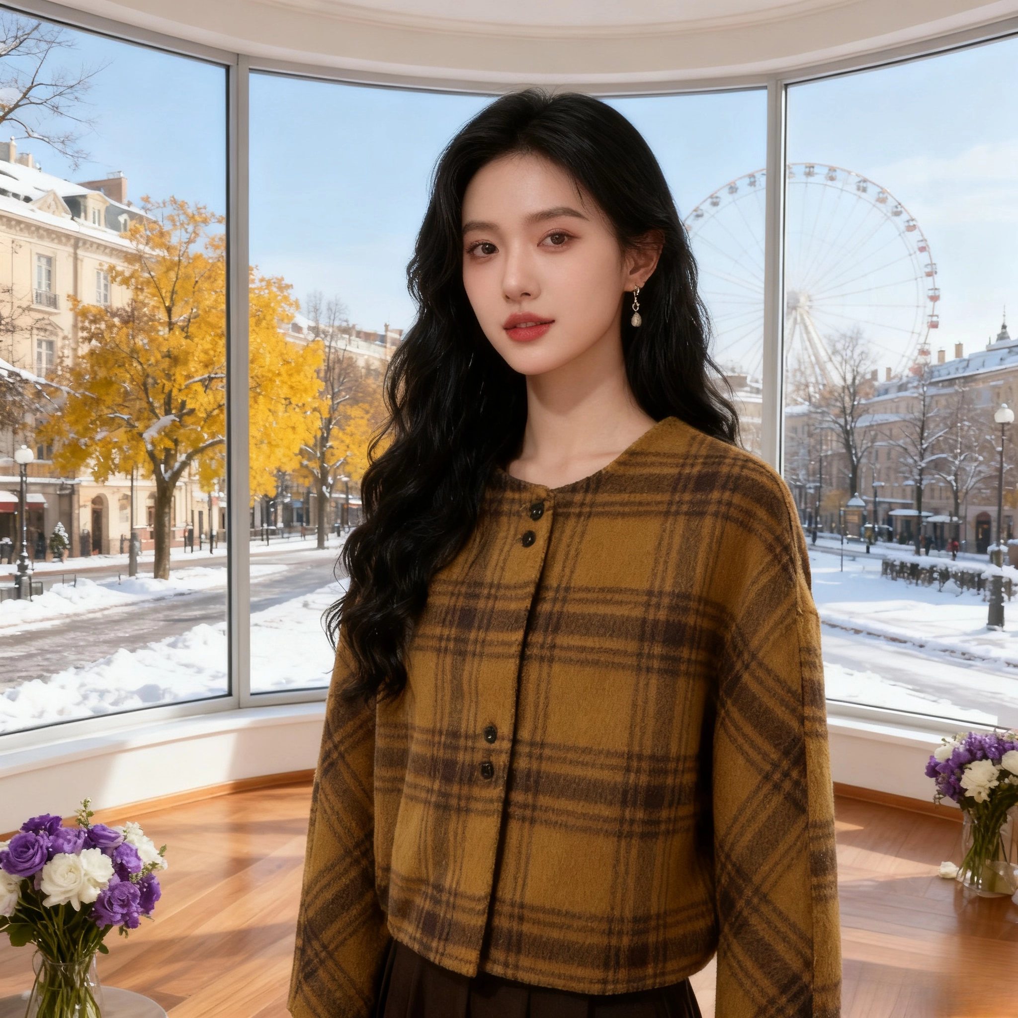 韩系复古黄格子双面羊毛大衣短款