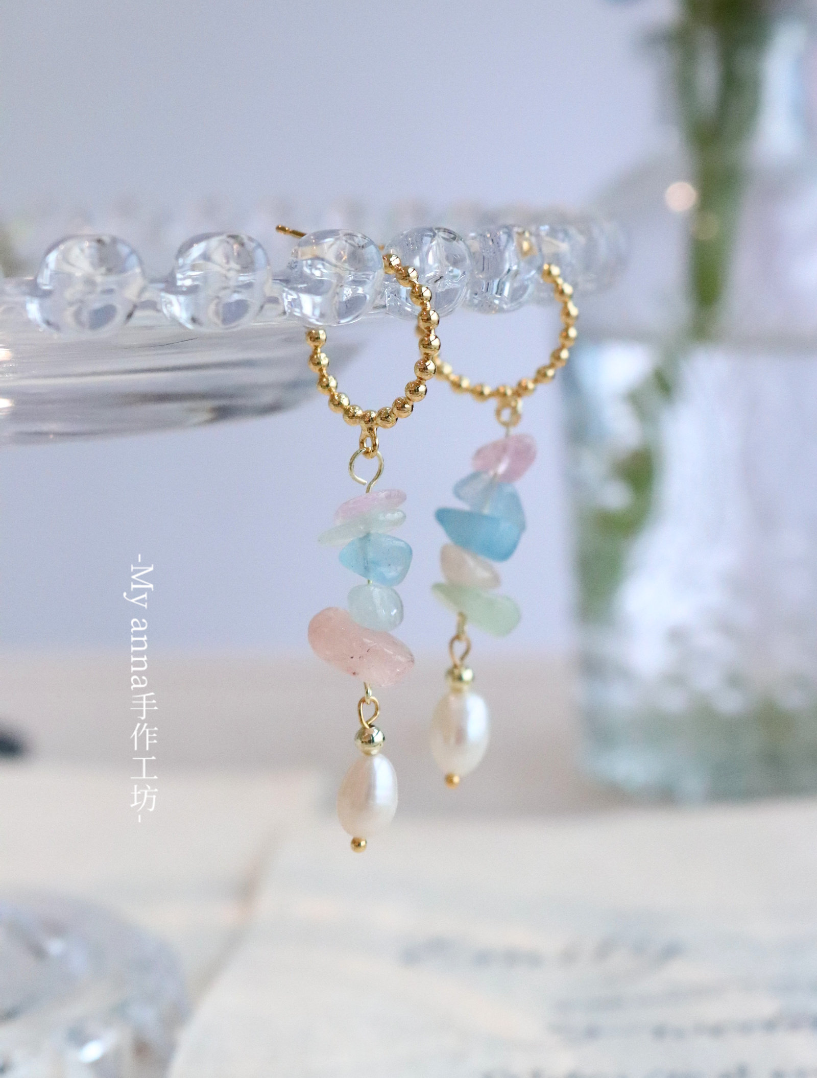 浅彩虹石~清新 原创手作天然石吊坠流苏修脸型麻花耳圈耳环耳坠