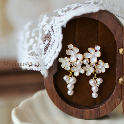法式复古甜美小白花珍珠吊坠耳环
