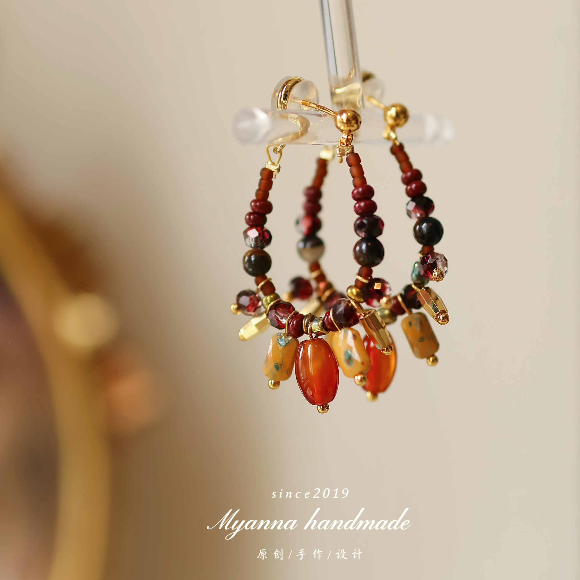 复古手工串珠水滴形耳环