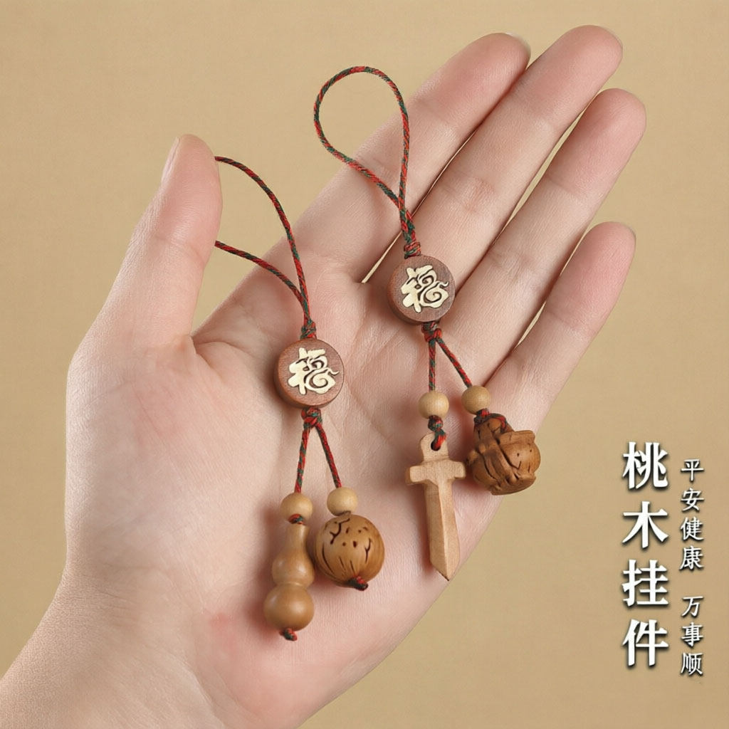 桃木剑桃木葫芦核桃平安扣挂件 纯手工编绳雕刻吊坠桃篮宝剑挂绳