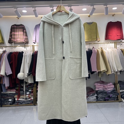 针织连帽双面羊绒大衣2025冬季新款韩版中长款宽松显瘦羊毛呢外套