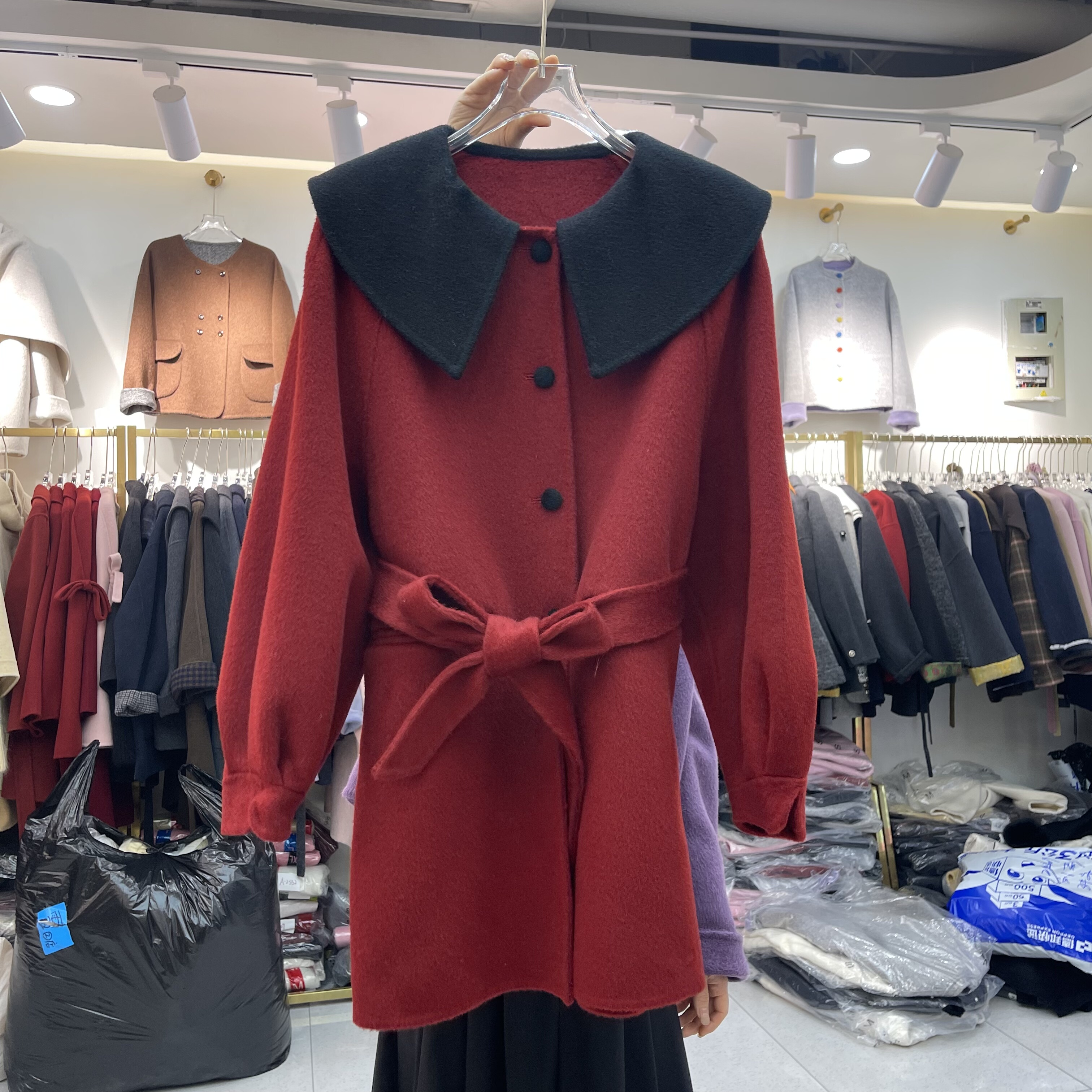 圣诞红腰带双面羊绒大衣2025春季新款韩版显瘦中长款女羊毛呢外套