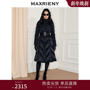 MAXRIENY黑金缎面过膝长款 x型收腰日字扣系带设计 羽绒服女25冬款