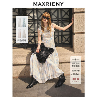 中长款 优雅百褶小飞袖 裙子碎花长裙 新款 MAXRIENY蓝星花连衣裙夏季