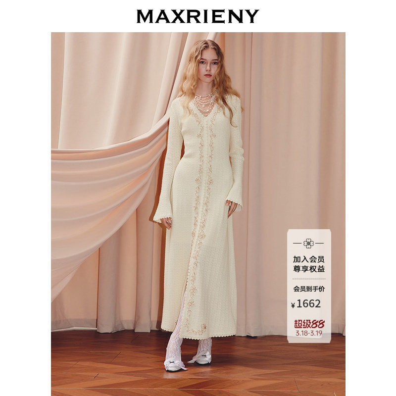 【优雅游牧】MAXRIENY游牧风穿搭长袖v领微收腰毛织连衣裙25秋