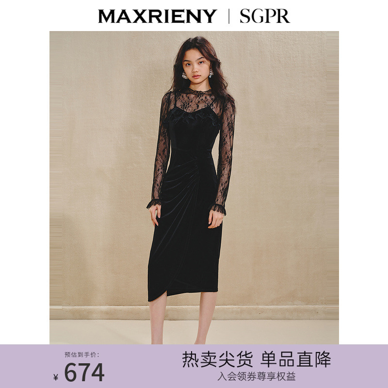 蕾丝拼接，抽褶