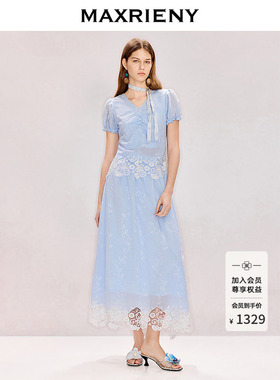 MAXRIENY蕾丝花边醋酸衬衫半身裙两件套2026夏季新款雾蓝色套装