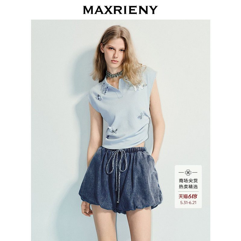 【商场同款】MAXRIENY精致日常风蝴蝶绣花无袖针织翻领polo衫女