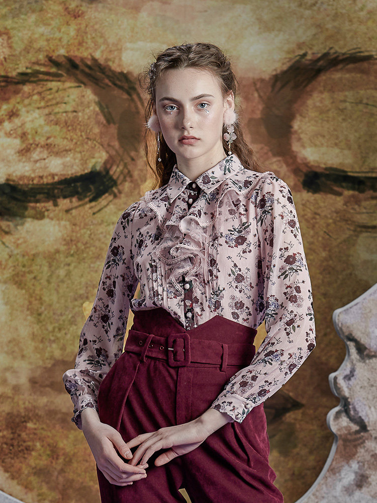 MAXRIENY New vintage print long sleeve ruffle cardigan top Femininity goddess top