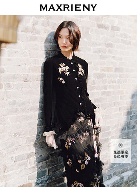 【商场同款】MAXRIENY法式宫廷立体花卉刺绣针织收腰上衣丝绒衬衫
