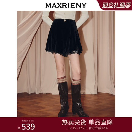 MAXRIENY法式复古收腰A型丝绒短裤25秋款蕾丝拼接伞摆高腰裙裤女