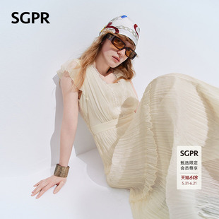 【SGPR】法式优雅感V领蕾丝飞袖连衣裙26夏压褶荷叶边雪纺长裙