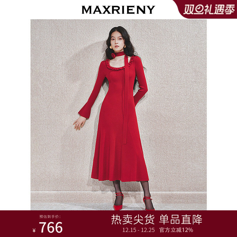 精致复古新年红连衣裙修身针织裙