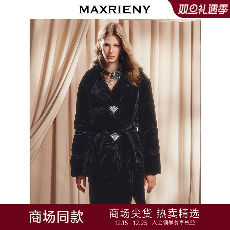 收腰丝绒羽绒外套，收腰腰带两穿