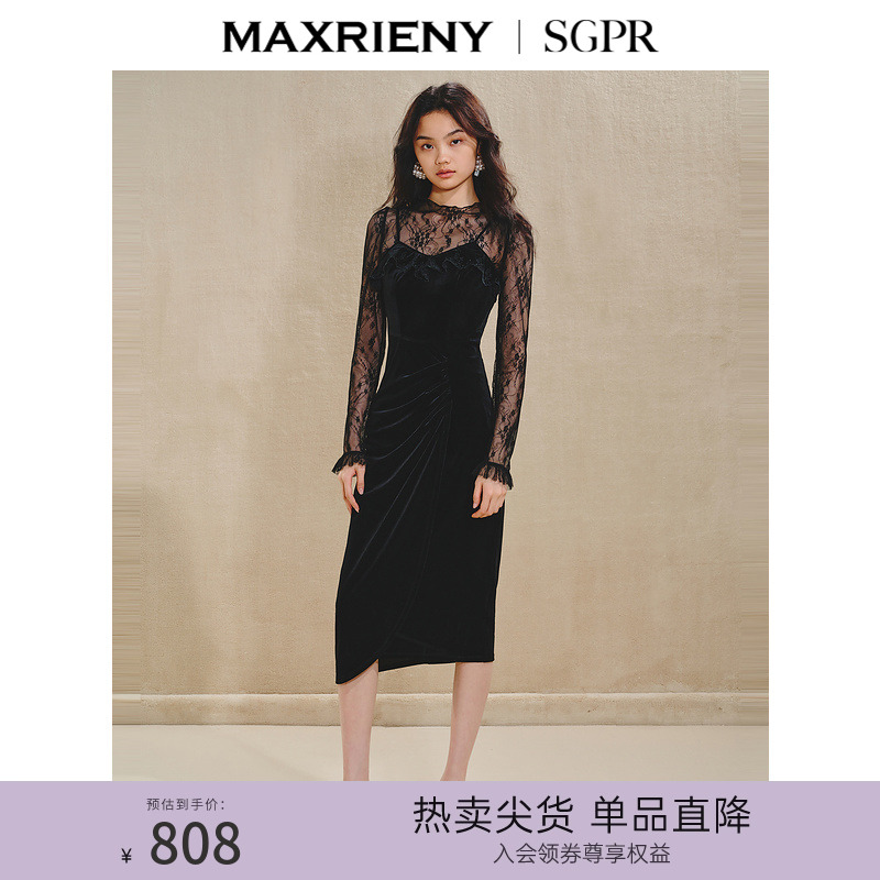 蕾丝拼接，抽褶