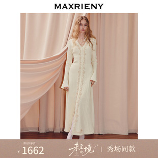 v领微收腰毛织连衣裙25秋 MAXRIENY游牧风穿搭长袖 优雅游牧