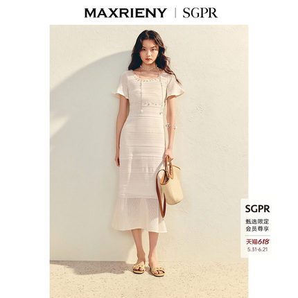 【SGPR】浮雕针织裙2026夏季新款收腰连衣裙波西米亚风白色长裙子